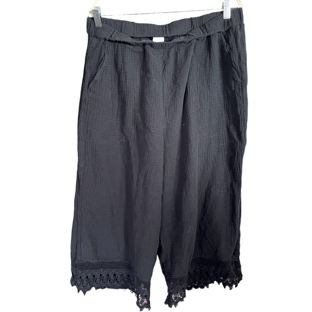 Joie Black Gauzy Elastic Waist Wide Leg Cropped Pants With Fringe‎ Hem 2X